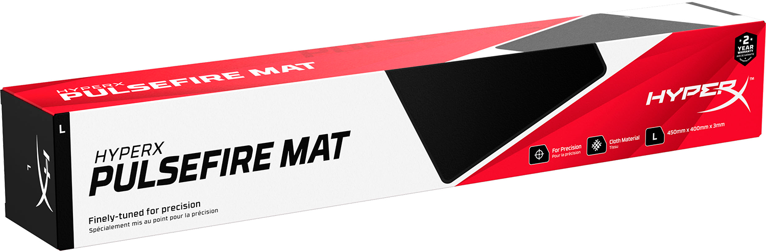 Een witte en rode HyperX Pulsefire Mat doos. De mat is voor precisie en gemaakt van stof.