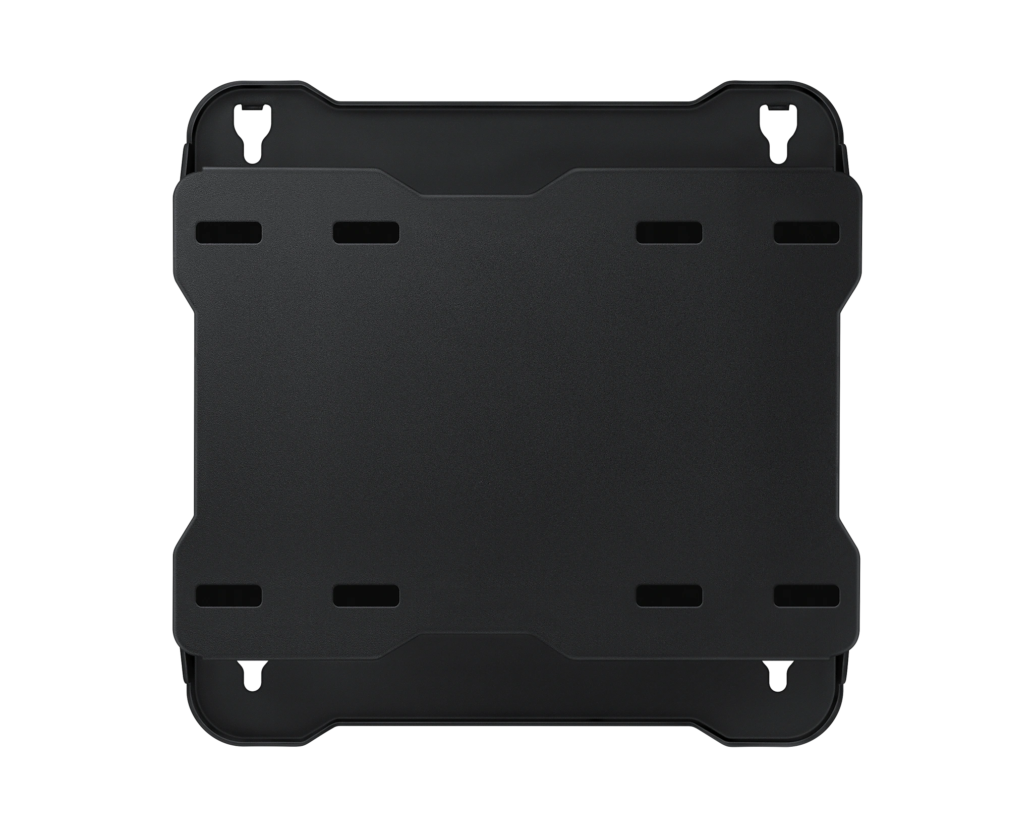 Schwarze Metall-Montagehalterung mit Löchern für Schrauben.