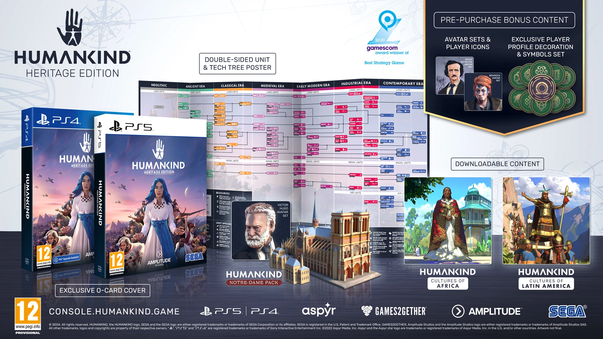 Humankind Heritage Edition-Box-Set mit PS4-Spiel, Karte und Bonus-Inhalten. Mehrere Spielelemente.