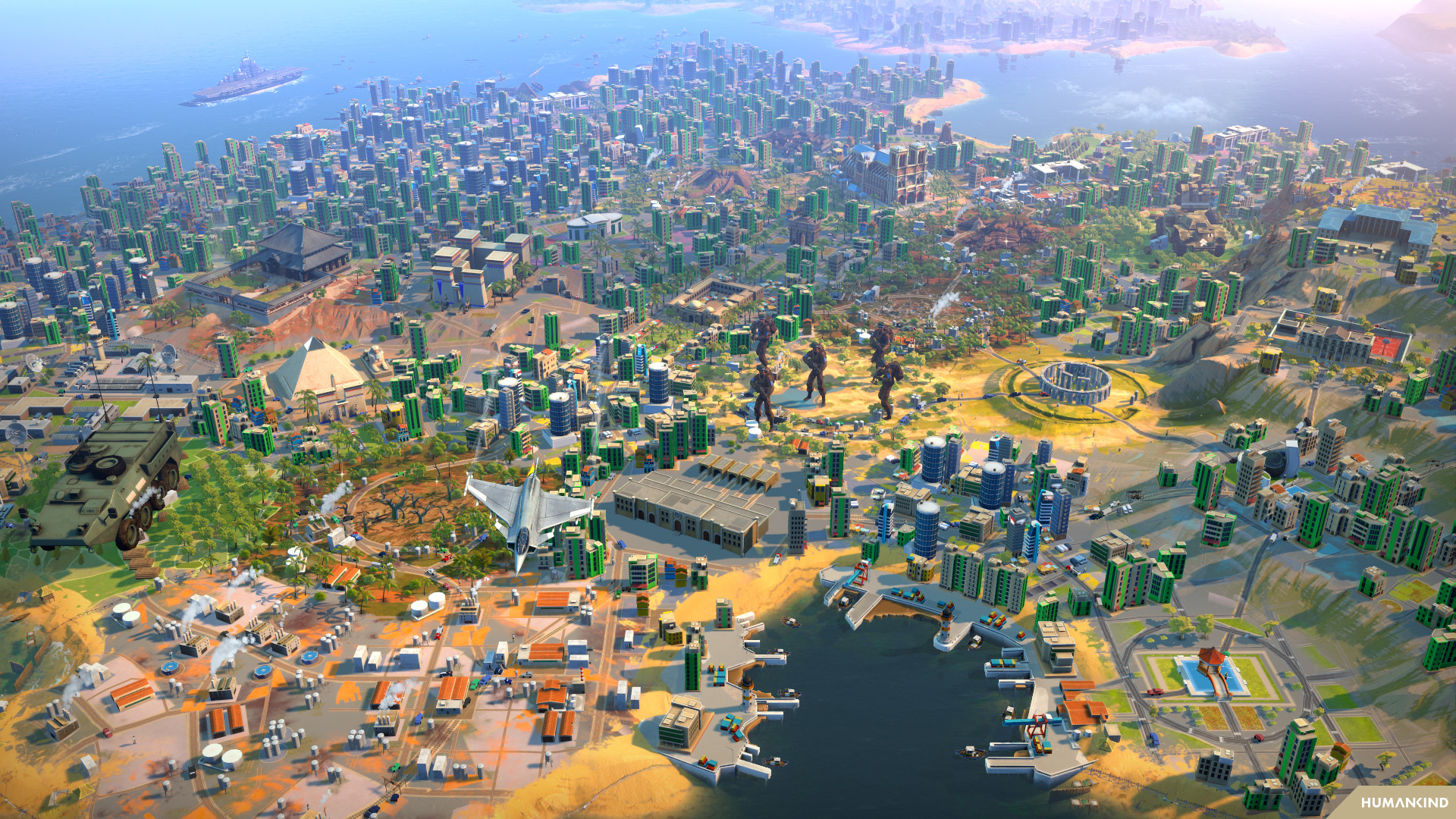 Eine Luftaufnahme einer Stadt mit Gebäuden, Wasser und einer Stadtlandschaft mit Militärfahrzeugen.