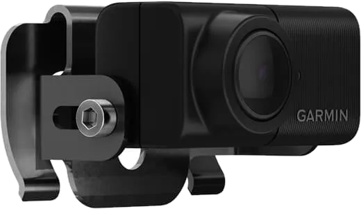 Schwarze Garmin Dashcam mit Linse und Halterung, für Fahrzeuge konzipiert.