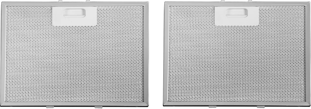 Két téglalap alakú légszűrő panel fehér fogantyúkkal, fémhálóval és ezüst kerettel.