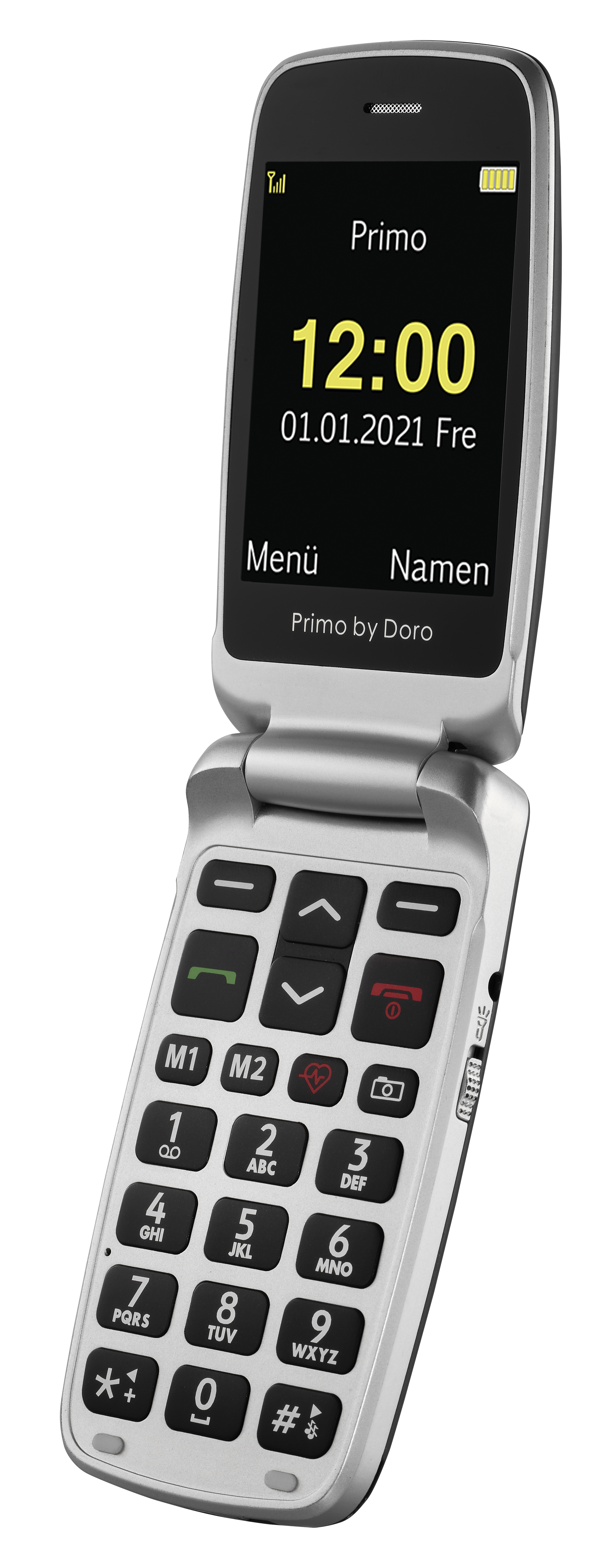 Klapphandy, Marke Primo by Doro, mit großer Tastatur, Bildschirm zeigt die Uhrzeit.