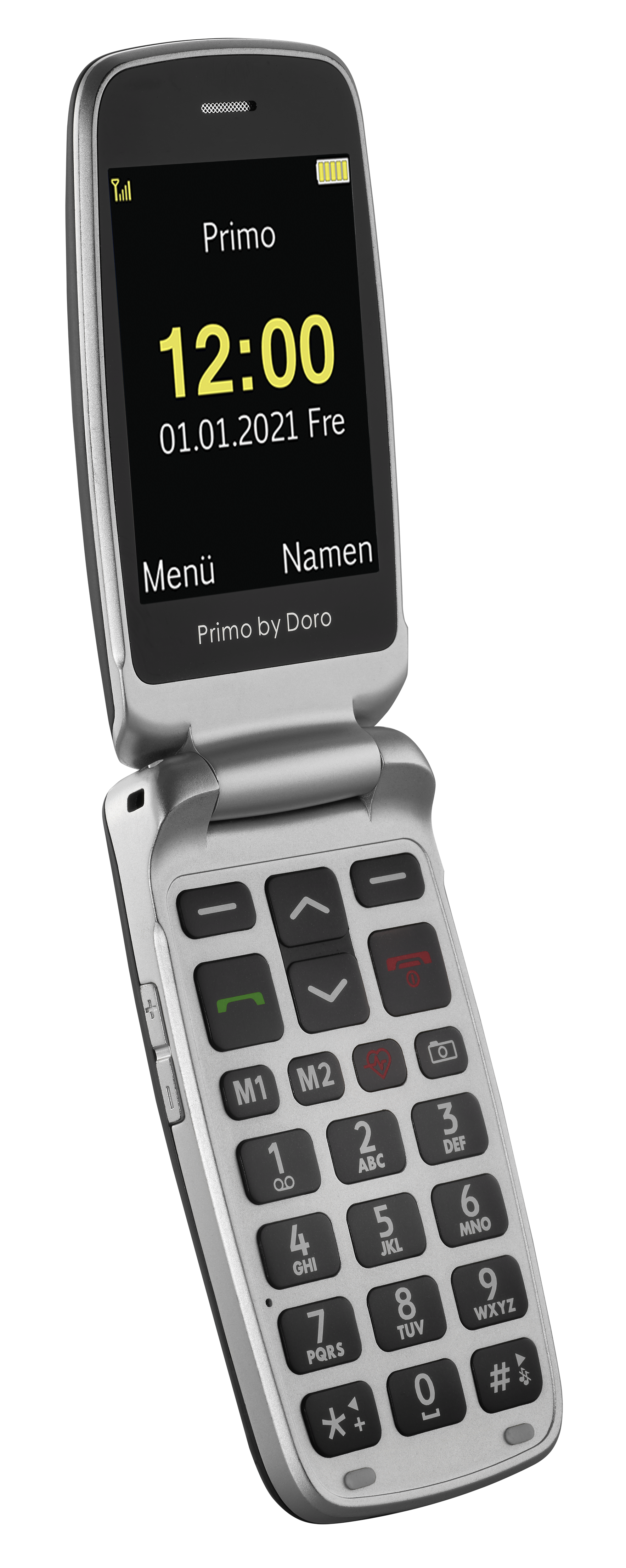 Silbernes Klapphandy mit Anzeige von Uhrzeit und Datum. Das Telefon ist teilweise geöffnet.