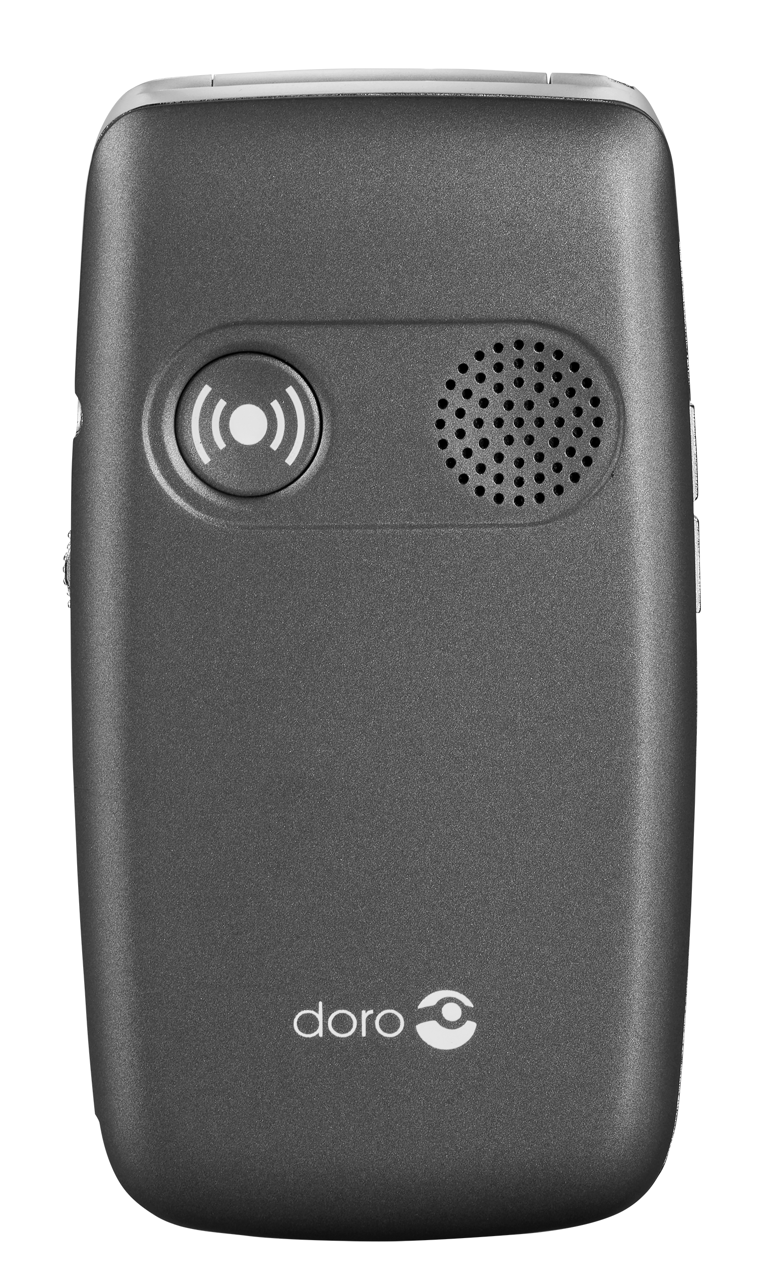 Ein dunkelgraues Doro-Telefon mit großer Taste und Lautsprecher, schlichtes Design, schwarzer Hintergrund.