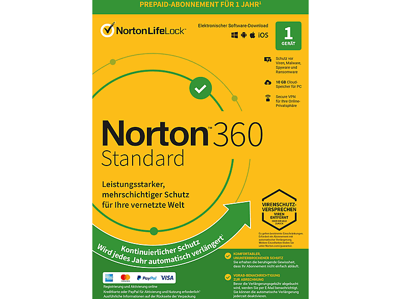 Thumbnail - Norton 360 Standard - 1 Benutzer Gerät Jahres Abo 10GB Cloud-Speicher (PC, iOS, MAC, Android) [PC/MAC]