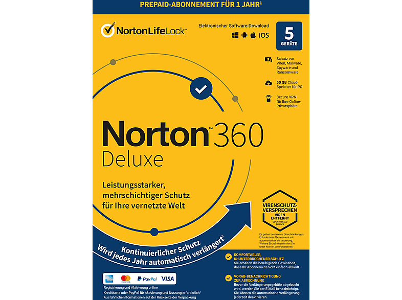 Thumbnail - Norton 360 Deluxe - 1 Benutzer 5 Geräte Jahres Abo 50GB Cloud-Speicher (PC, iOS, MAC, Android)