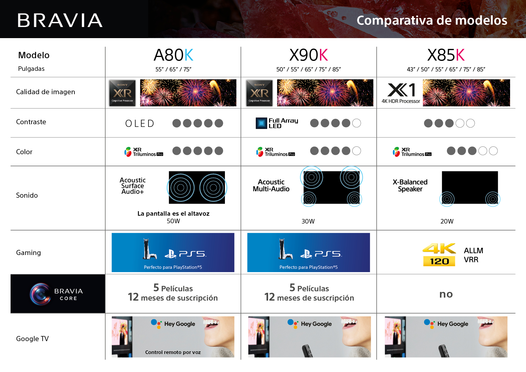 Un gráfico comparativo de televisores Sony BRAVIA, con nombres y características.