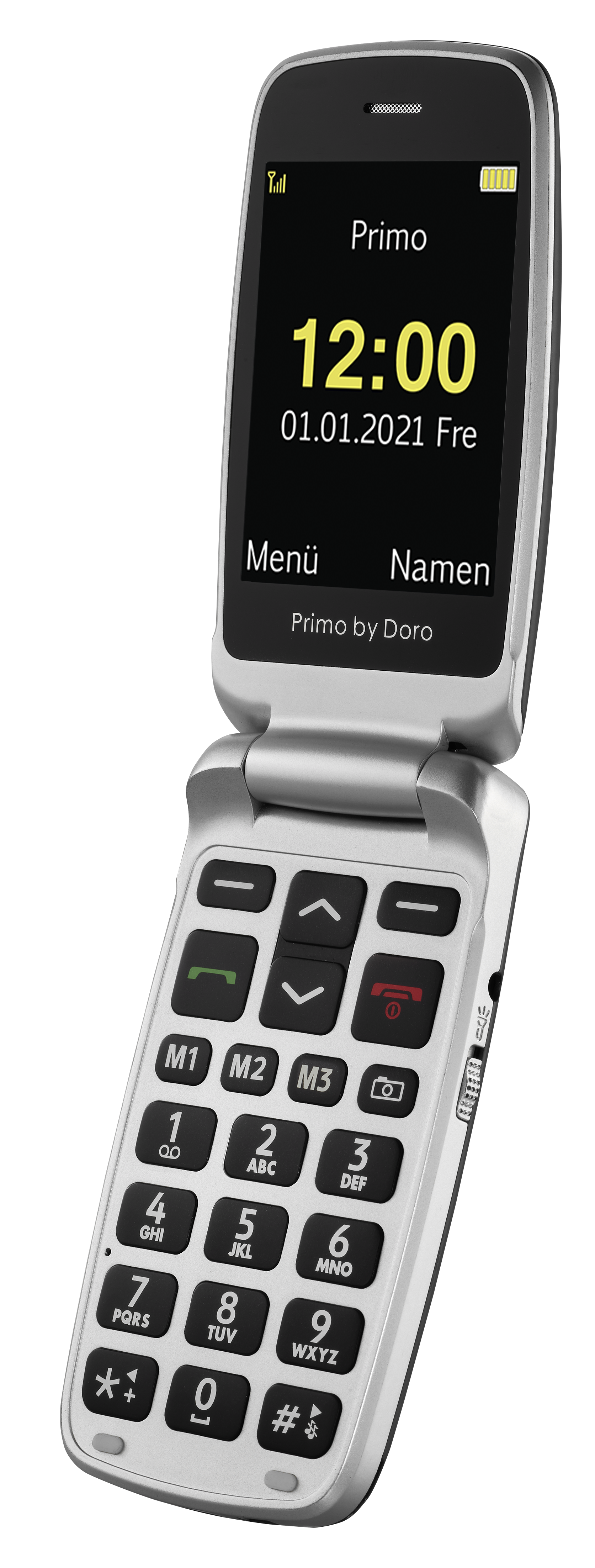 Silbernes Klapphandy, geöffnet, mit Anzeige von Zeit und Datum, große Tasten.