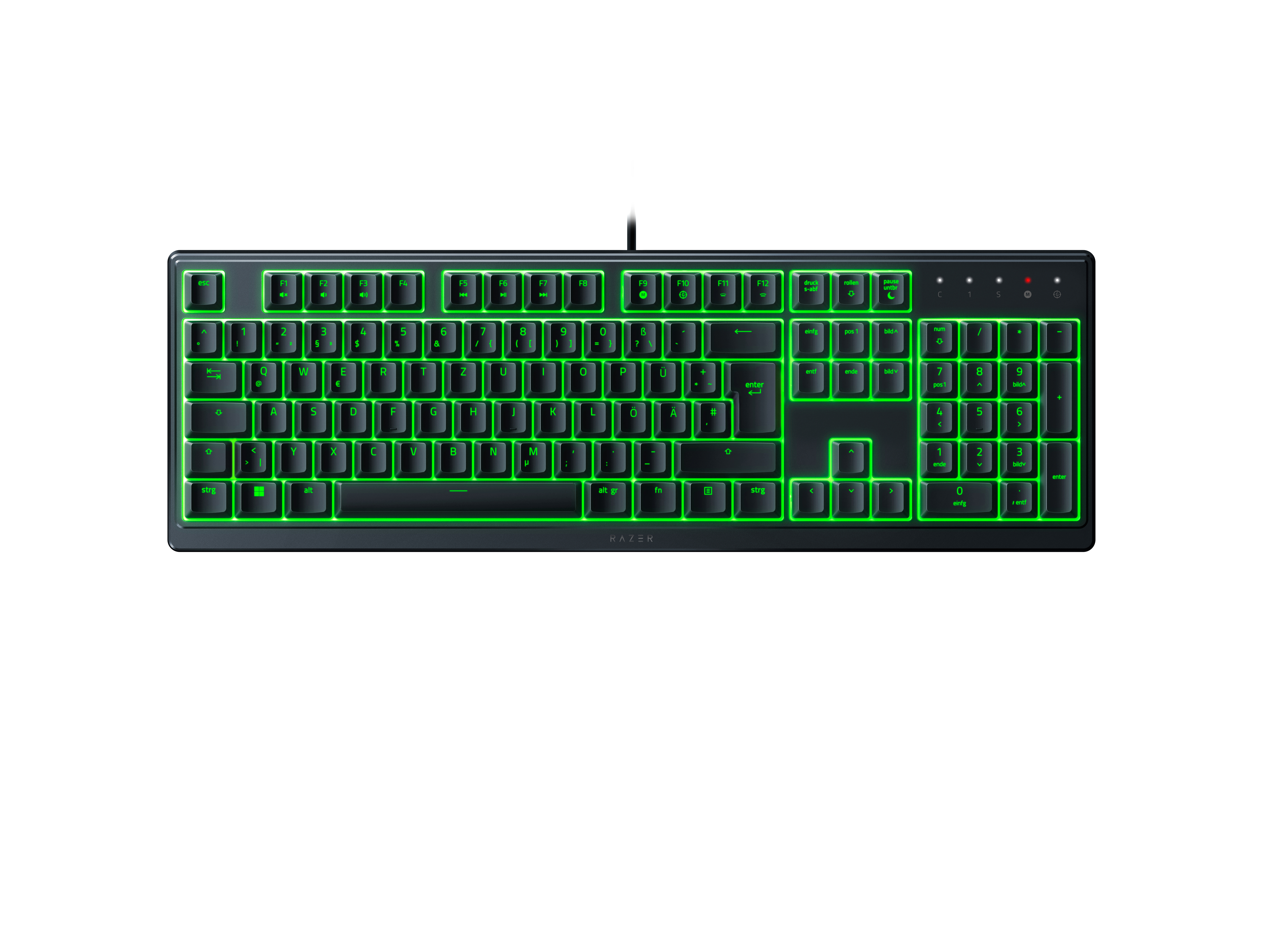 Schwarze Razer-Tastatur mit grün hinterleuchteten Tasten, zeigt das Layout.