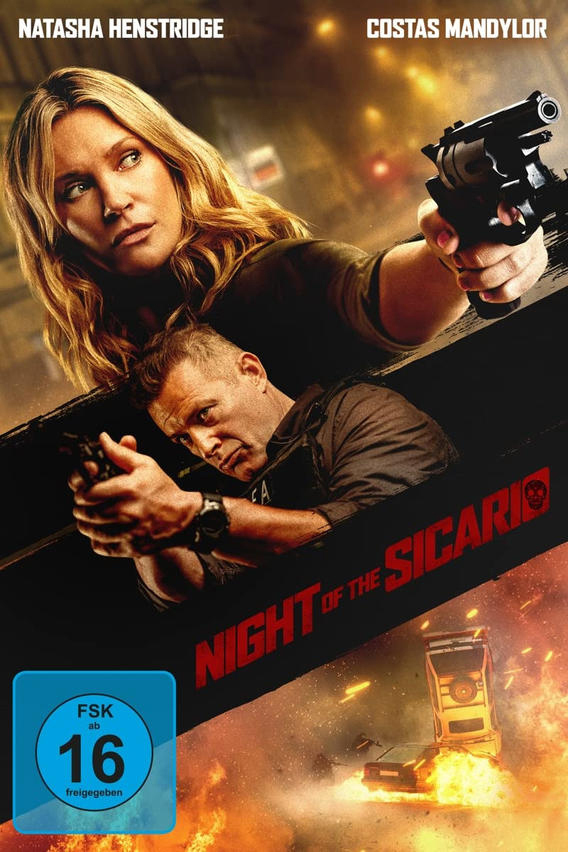 Filmposter: Zwei Personen, die mit Waffen zielen, Titel 'Night of the Sicario'.