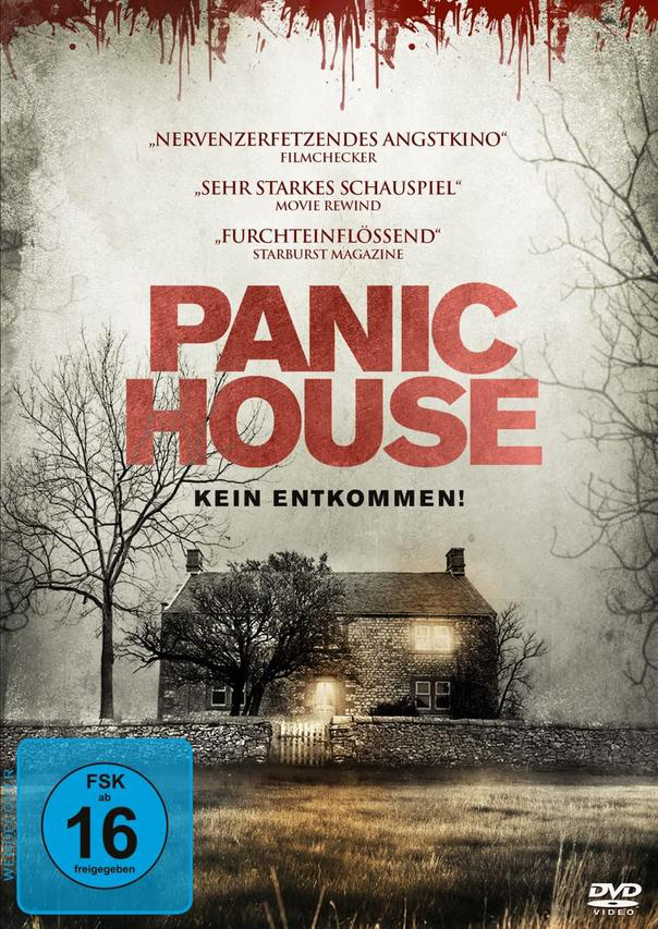 Filmposter für Panic House. Ein unheimliches Haus ist mit dunklen Bäumen und Text zentriert.