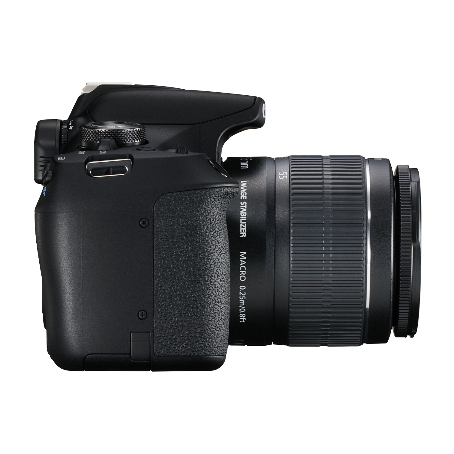 Fotocamera Canon nera, vista laterale, obiettivo montato.