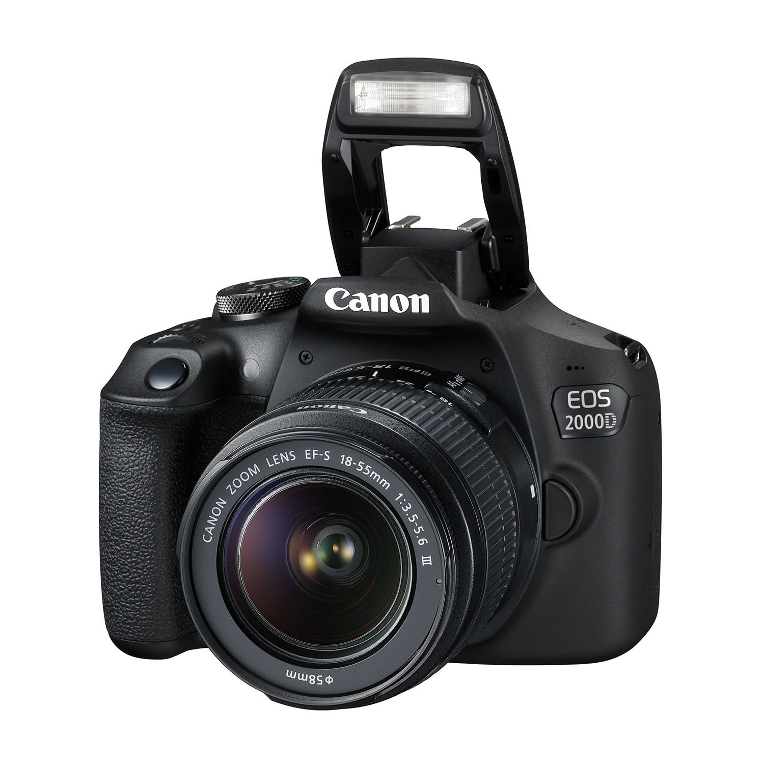 Fotocamera Canon EOS 200D con obiettivo e flash.