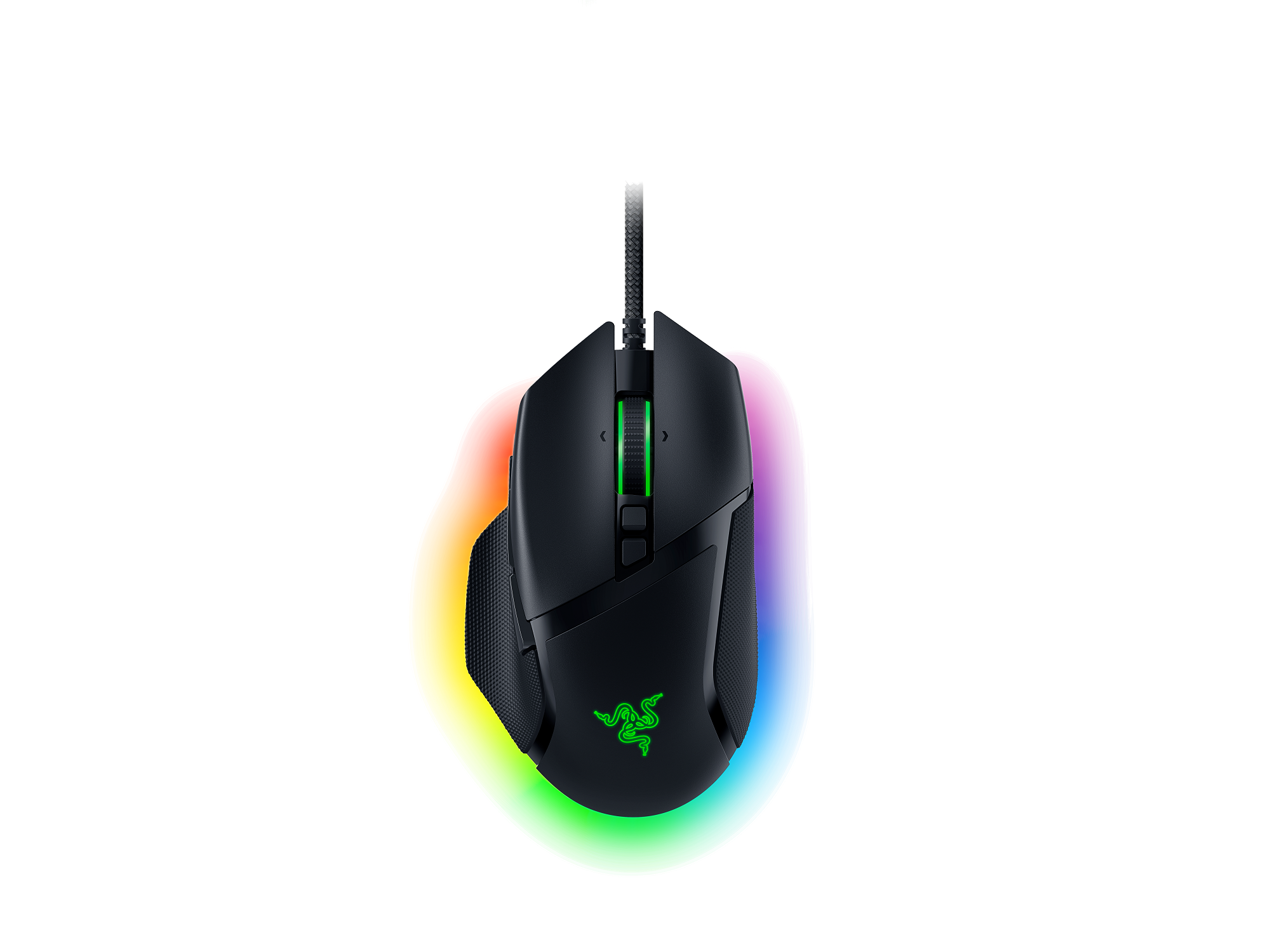 Siyah Razer oyun faresi, tabanında RGB aydınlatma, siyah arka plan üzerinde.