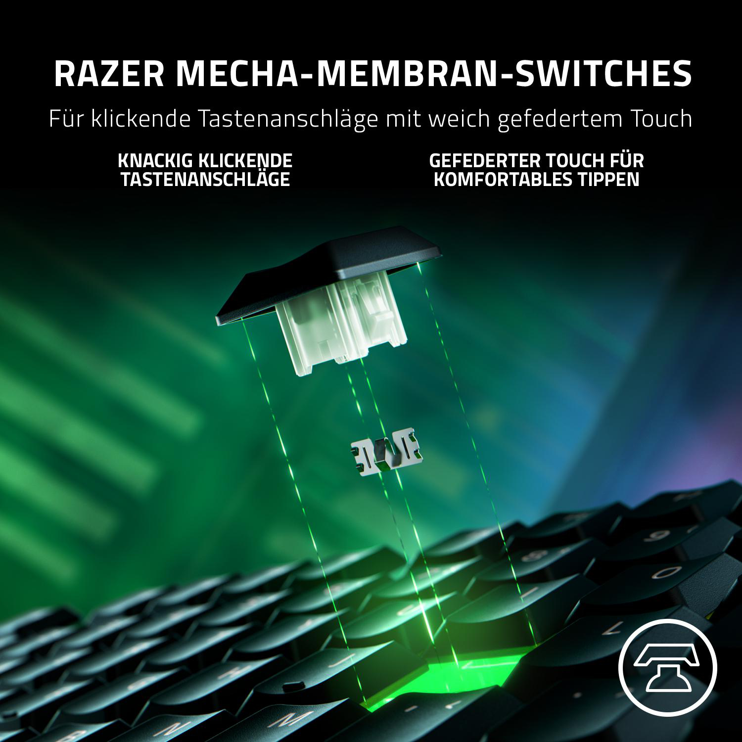 Nahaufnahme einer Tastatur mit Schaltern. Text-Overlay: RAZER MECHA-MEMBRAN-SWITCHES, grünes Licht.