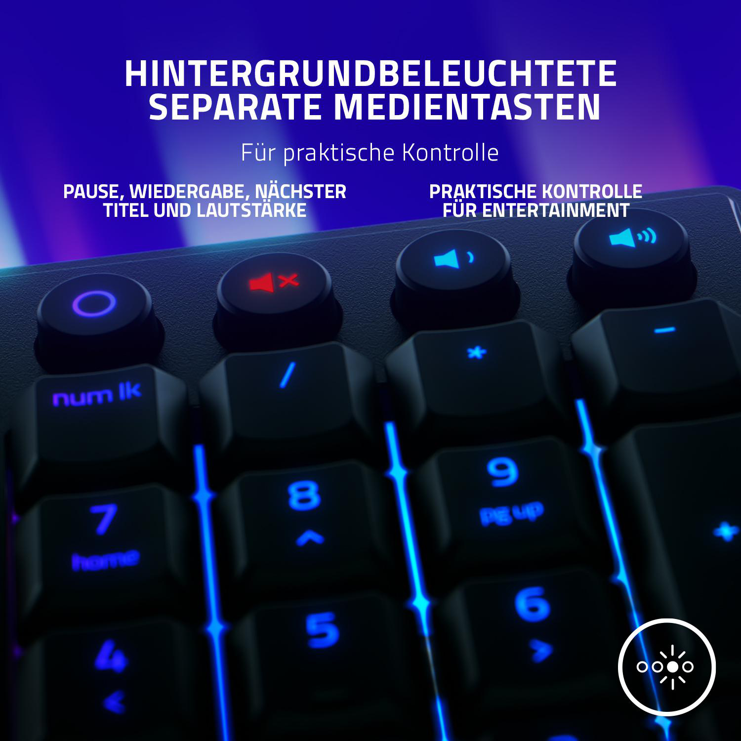 Nahaufnahme einer Tastatur mit beleuchteten Tasten. Text über den Tasten ist auf Deutsch.