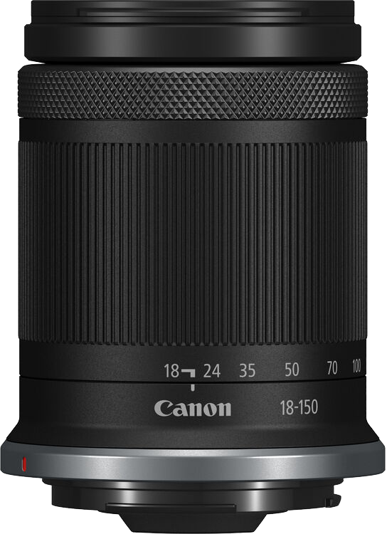 Fekete Canon 18-150 mm-es objektív. Van rajta gyújtótávolság számok, és a Canon logója. Hengeres.