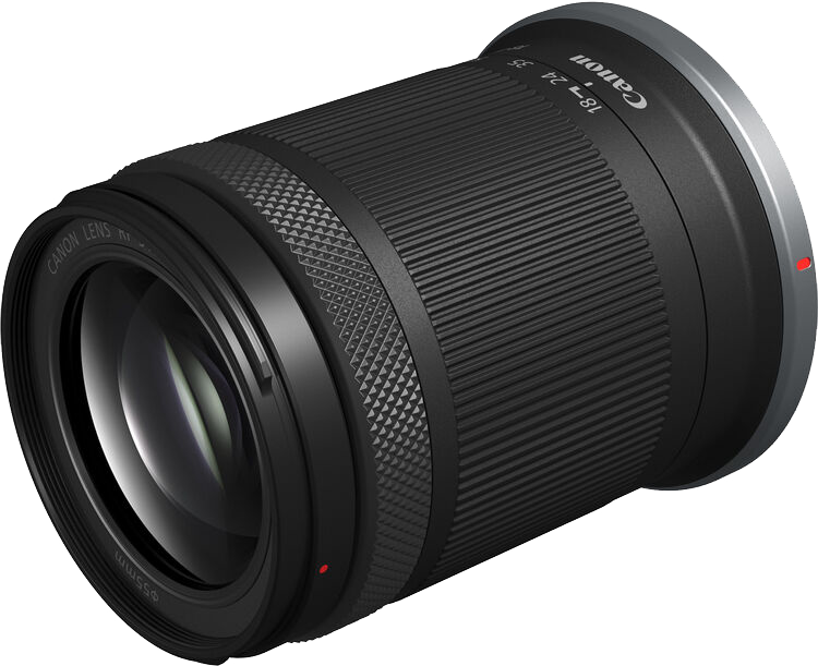 Canon objektív, fekete, bordázott kialakítással, 18-24mm, fehér háttérben.