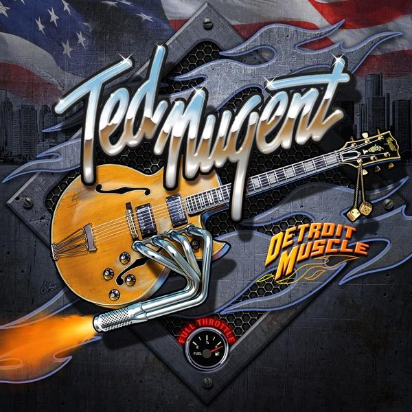 Albumhoes voor Ted Nugent's 'Detroit Muscle', met een gitaar en een hot rod motor.