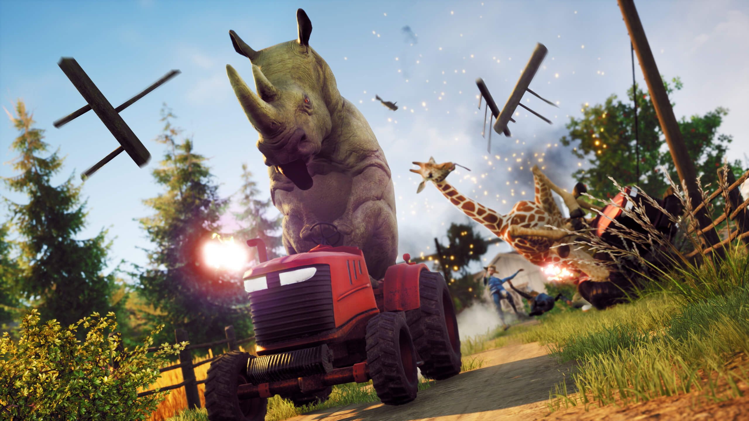 Rhinocéros sur un tracteur rouge, avec une girafe qui tombe. Arbres et ciel en arrière-plan.