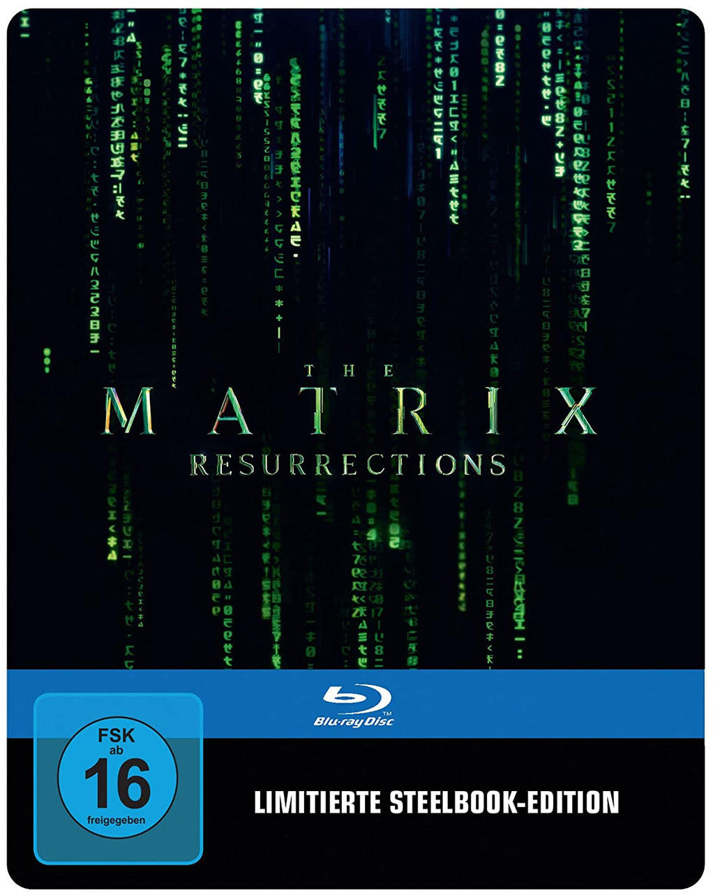 The Matrix Resurrections Blu-ray-Cover mit grünem Code, Titel und Bewertungssymbolen, auf schwarzem Grund.