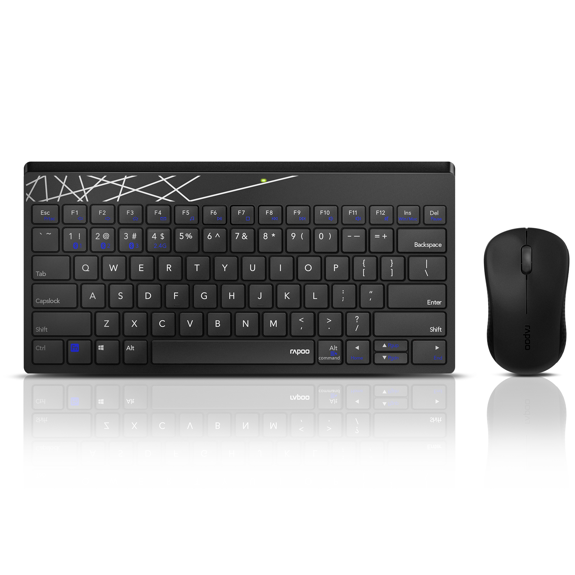 Conjunto de teclado y ratón negros sobre una superficie blanca.