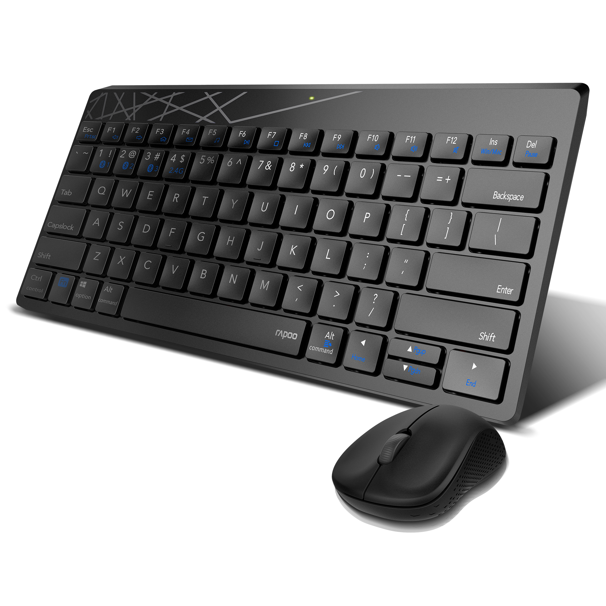 Teclado y ratón inalámbricos negros sobre fondo blanco. Teclado tiene muchas teclas.