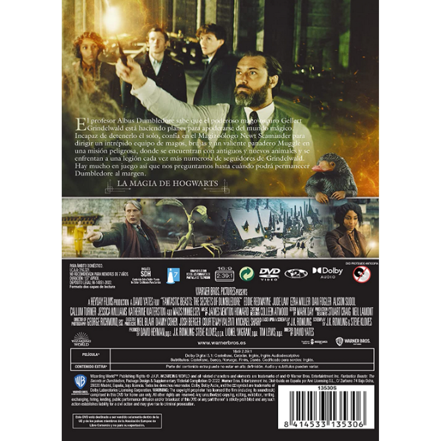 Portada de DVD 'Animales Fantásticos: Los Secretos de Dumbledore' con texto y personajes.