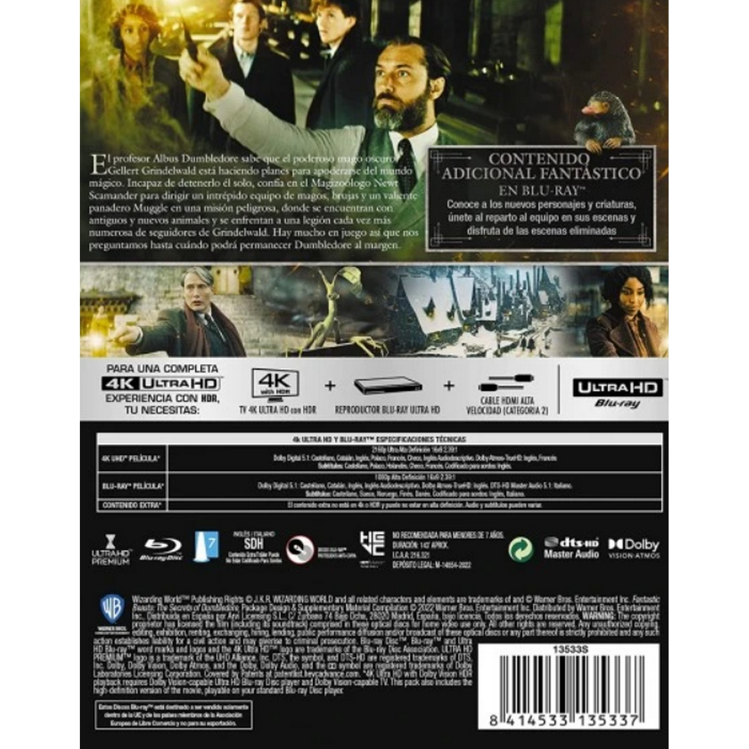 Contraportada de la caja del disco Blu-ray. Texto e imágenes relacionadas con la película, incluyendo detalles del reparto y equipo.