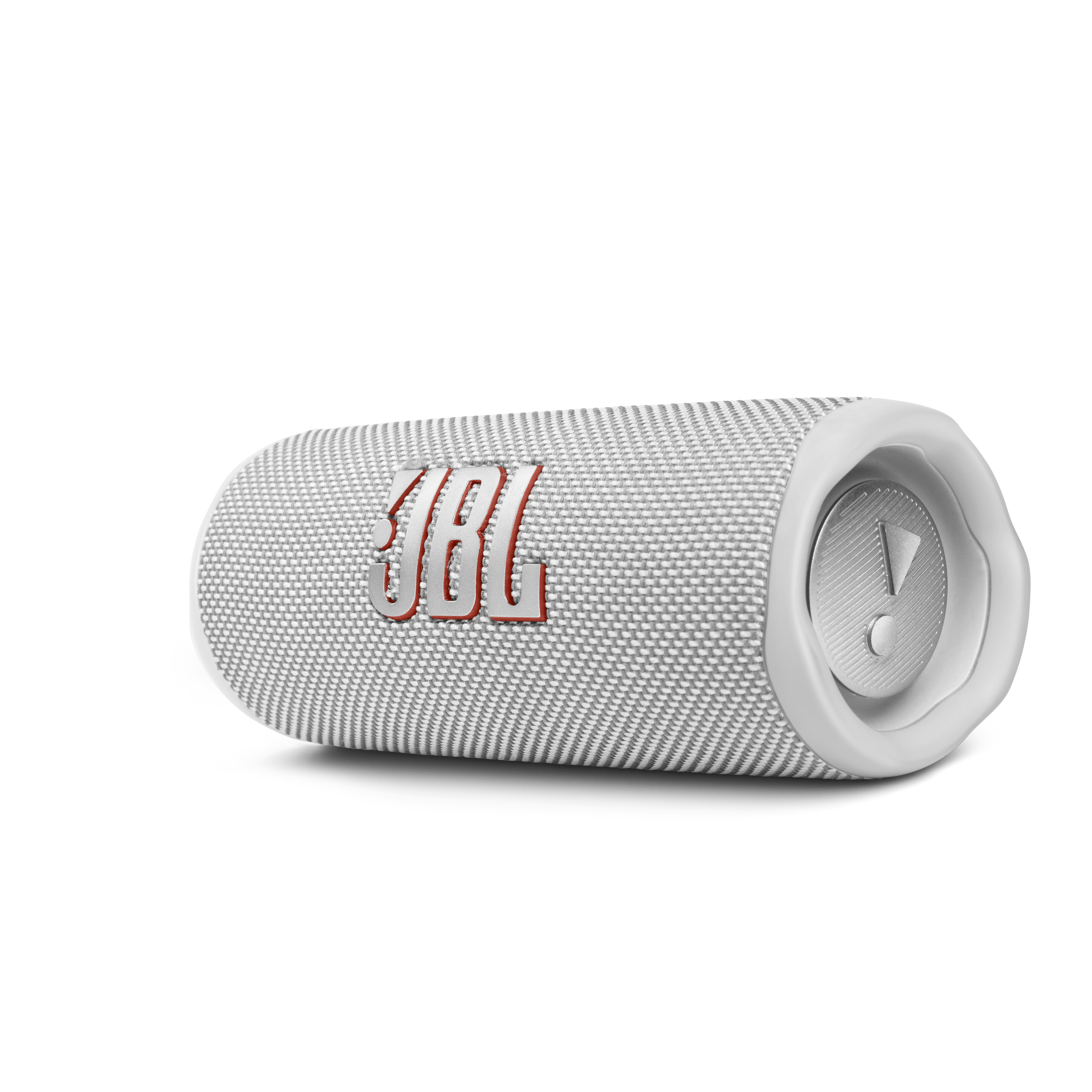 Silindirik şekilde beyaz bir JBL hoparlör.