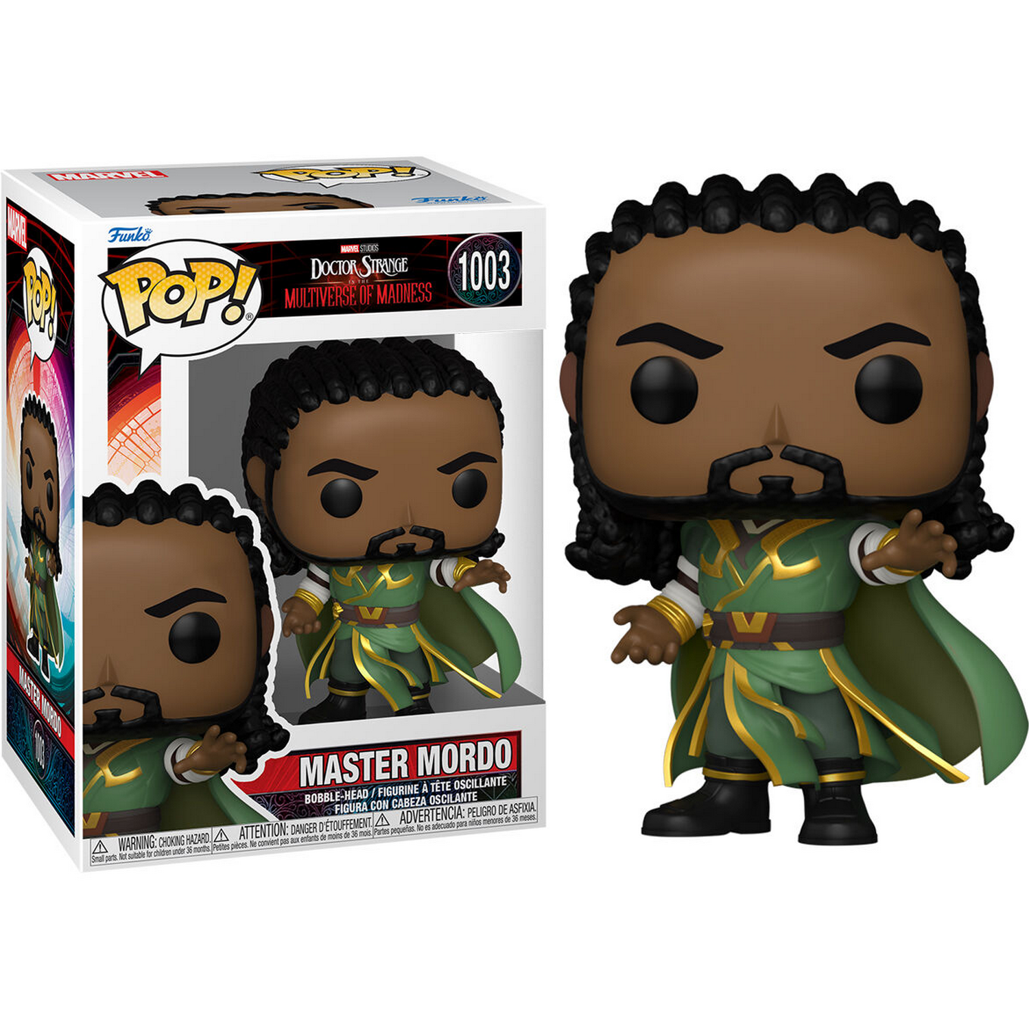 Una figura Funko Pop de Master Mordo en una caja, con una imagen del personaje.