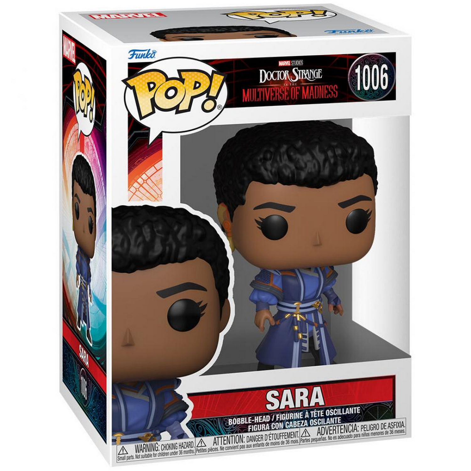 Caja Funko Pop con Doctor Strange. Muestra una figura de una mujer con un disfraz azul.