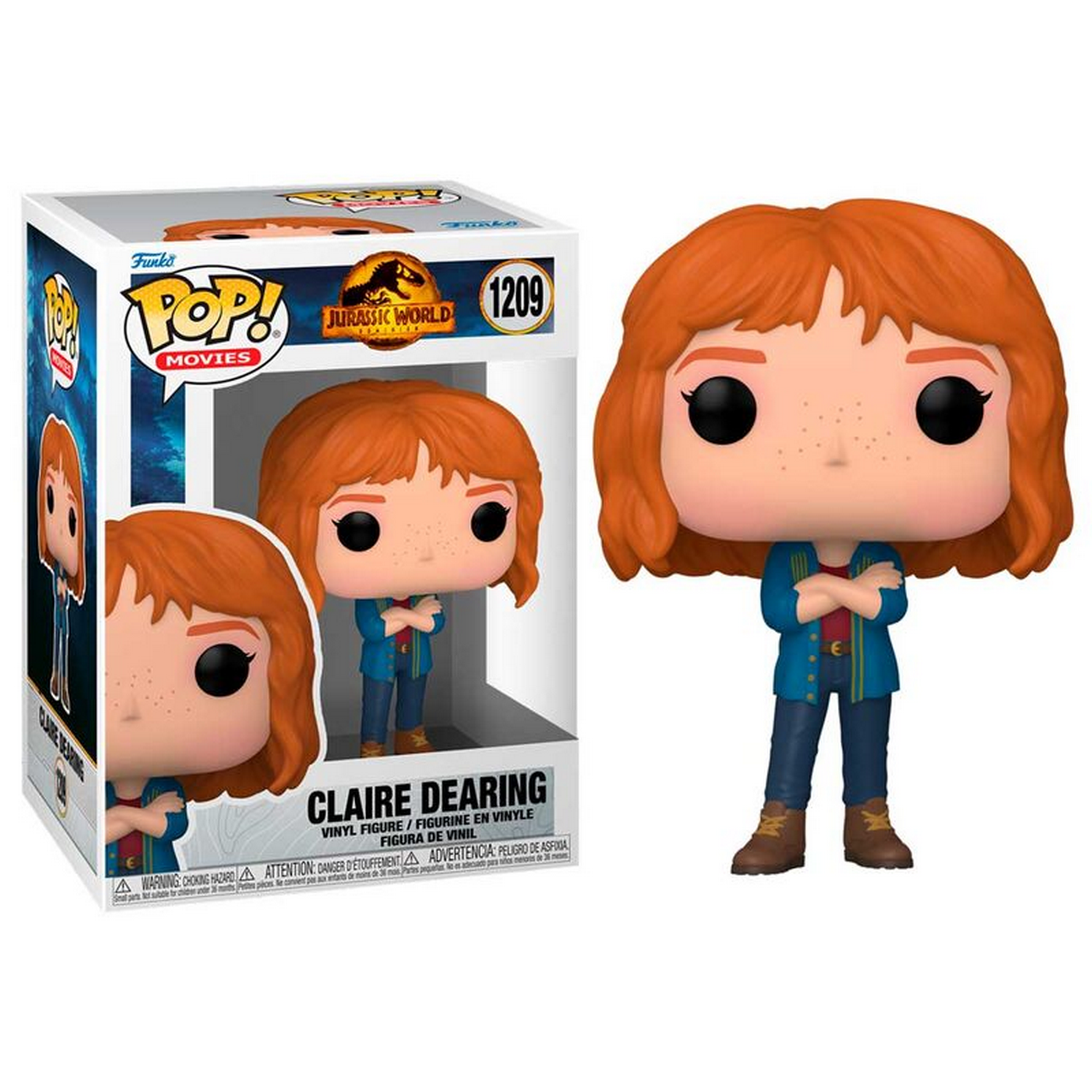 Figura Funko Pop de Claire Dearing de Jurassic World, con una caja en el fondo.