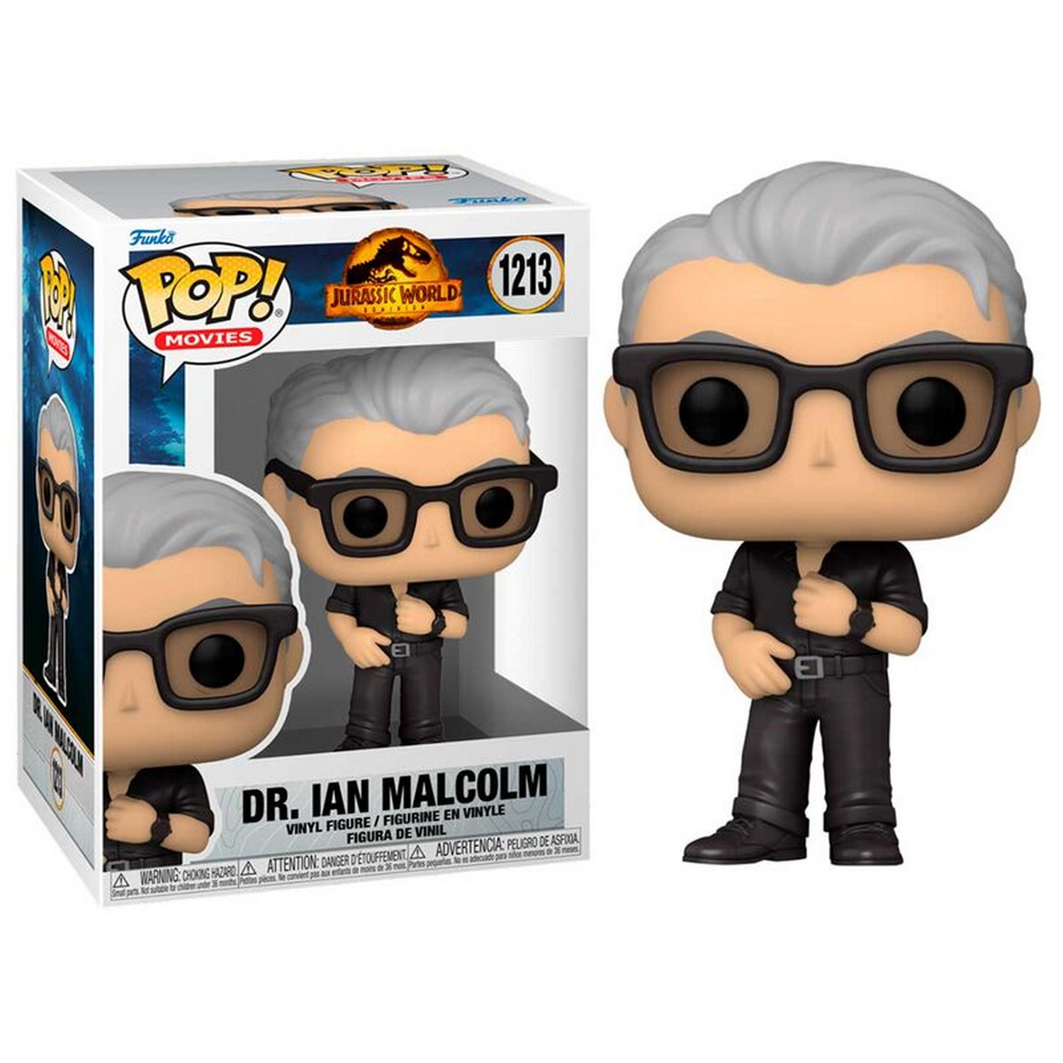 Figura Funko Pop del Dr. Ian Malcolm con gafas y atuendo negro. En caja.