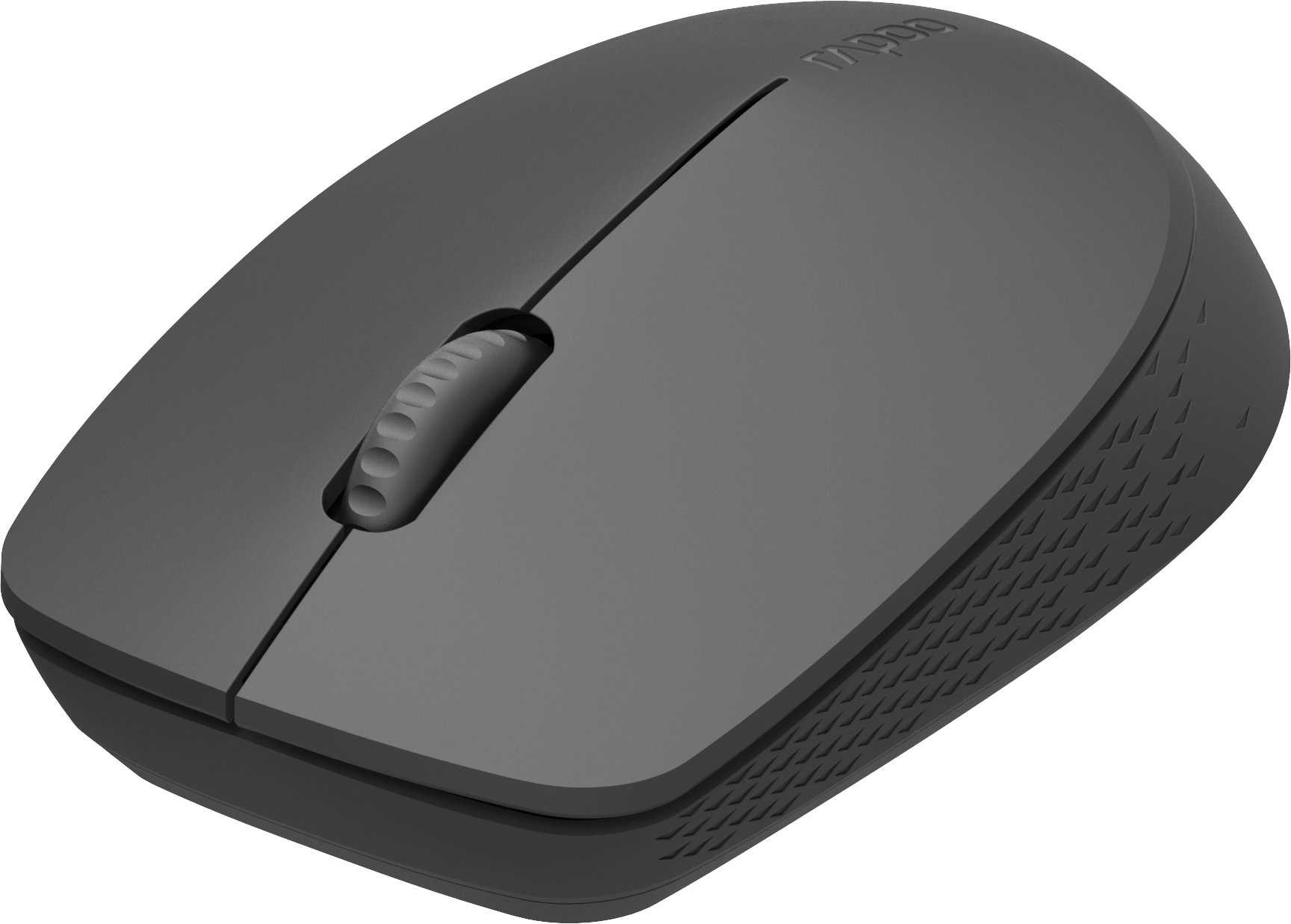 Un ratón de computadora gris con una rueda de desplazamiento y agarre texturizado en el lateral.