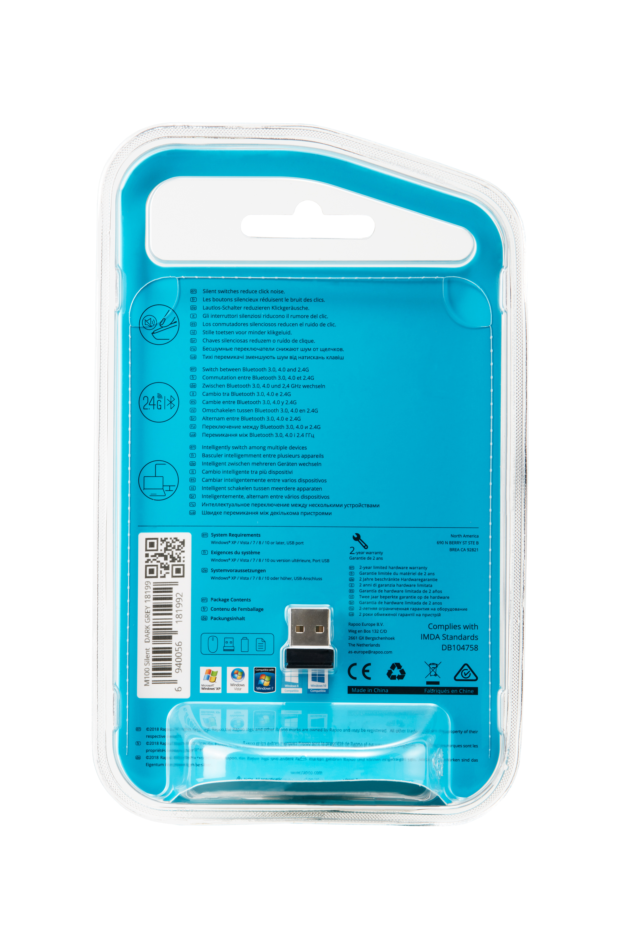 Un paquete de plástico transparente con un dispositivo USB dentro y varios textos y logotipos.