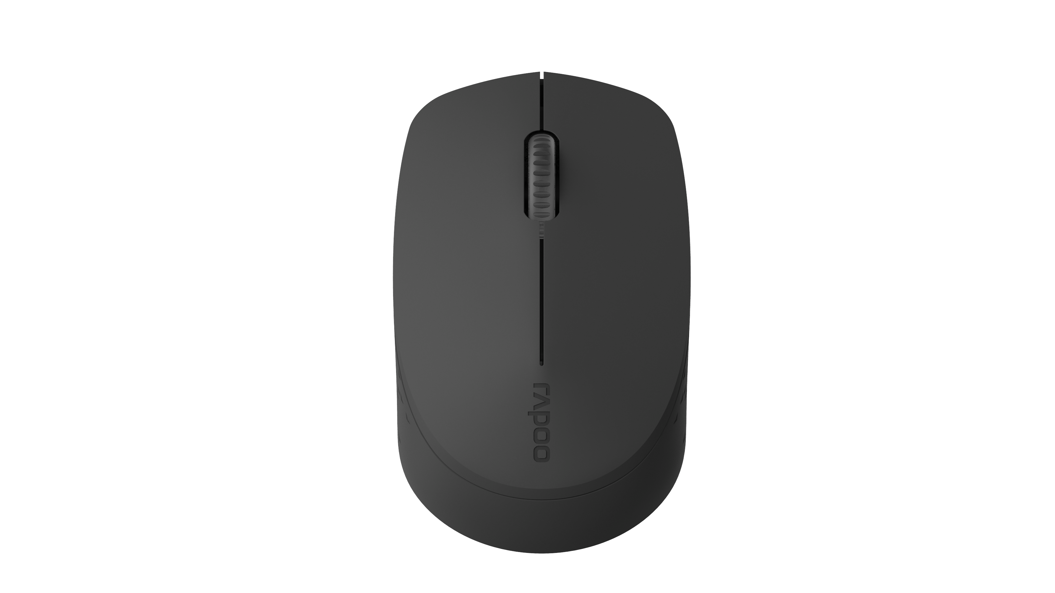 Ratón de ordenador negro, vista superior, con rueda de desplazamiento y nombre de la marca en la parte inferior.