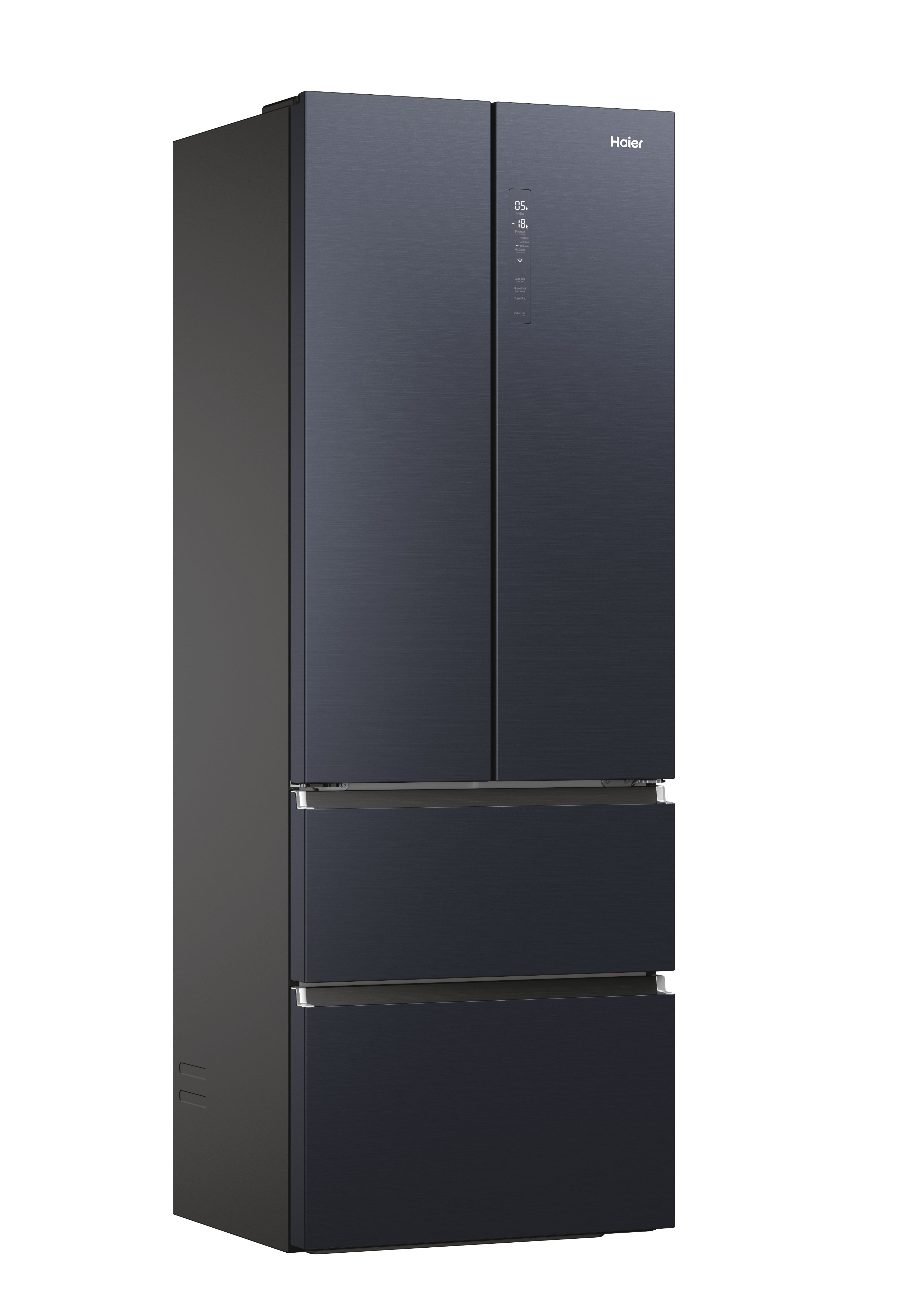 Refrigerador Haier de puerta francesa azul oscuro con dos cajones inferiores y pantalla digital. Fondo blanco.