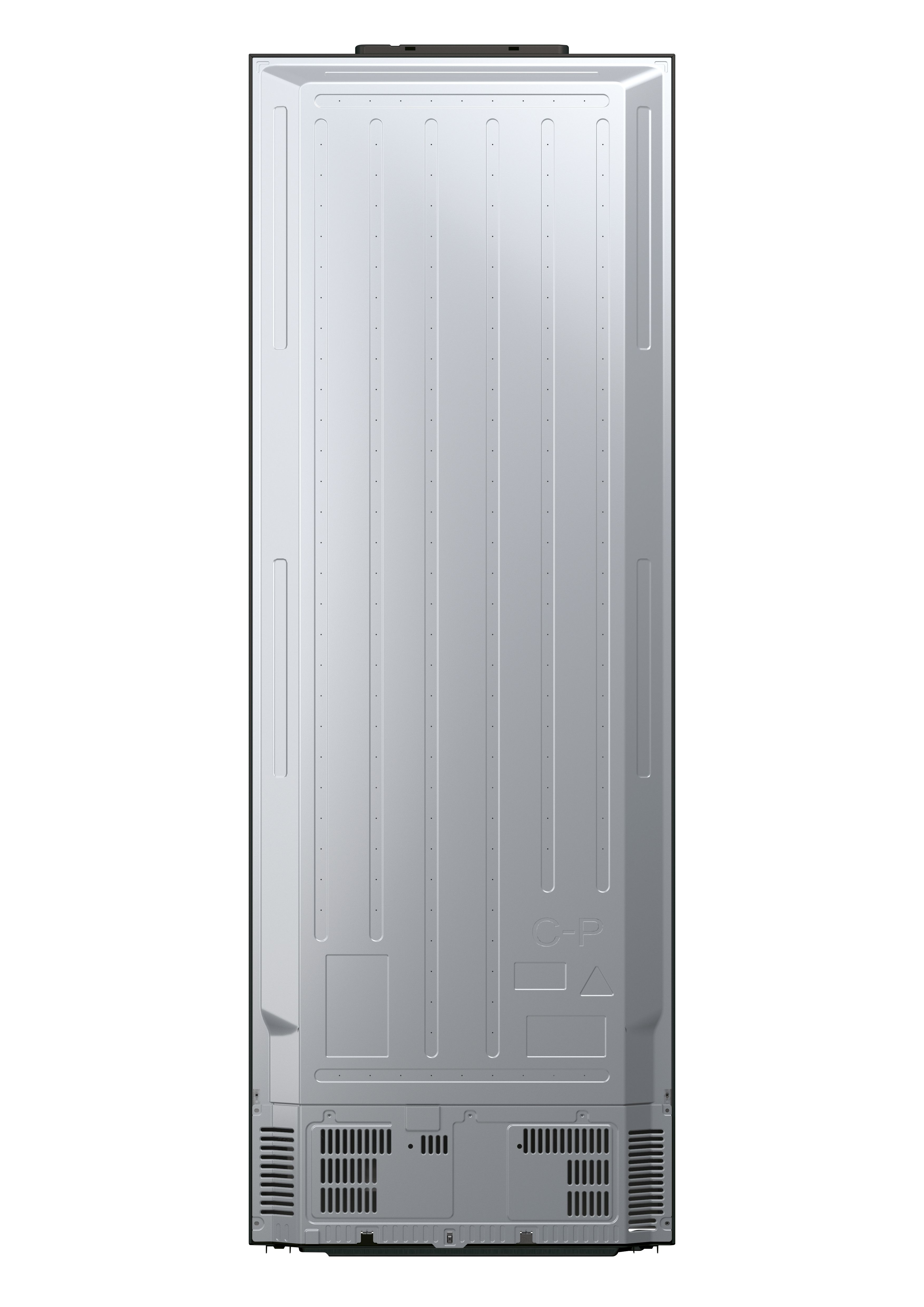 La parte trasera de un refrigerador plateado con paneles visibles y una ventilación inferior.