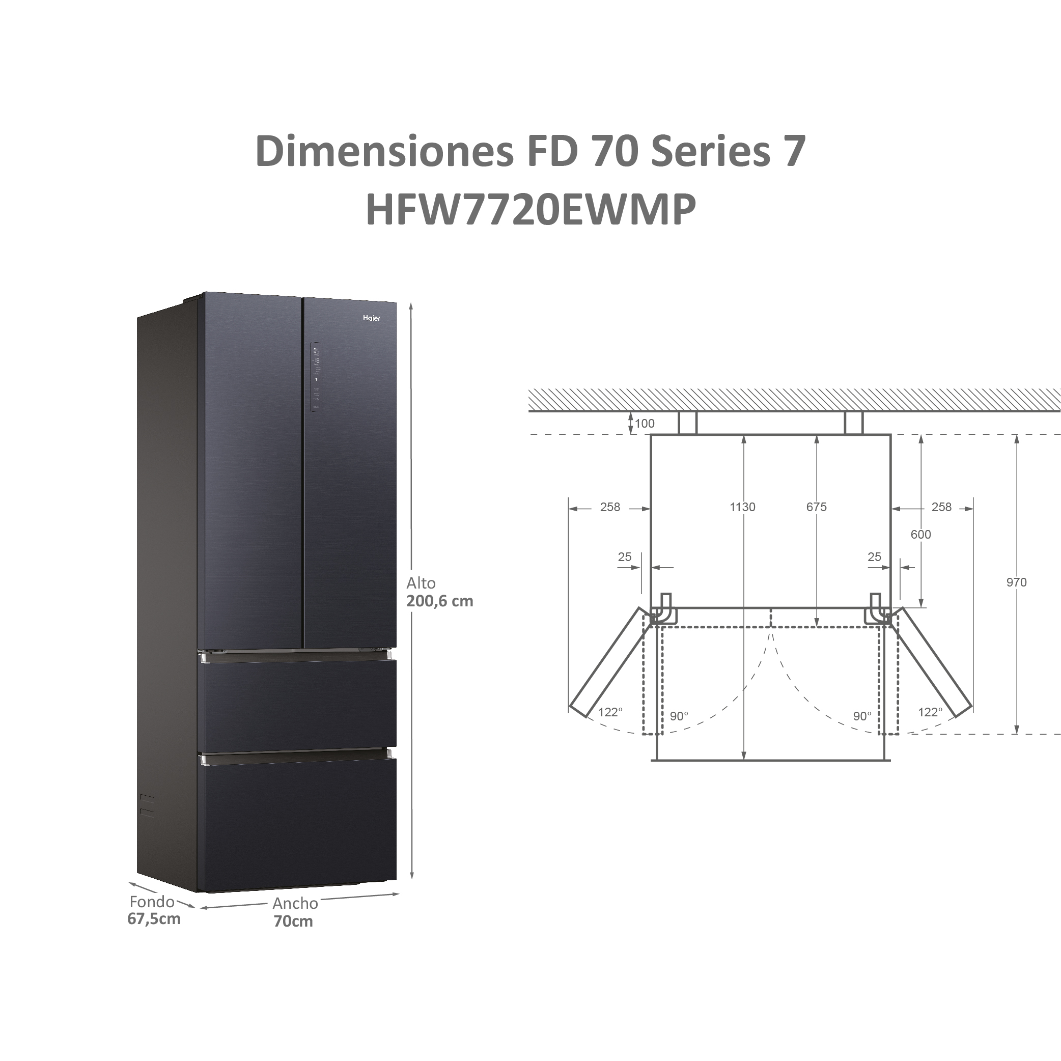 Un refrigerador Haier FD 70 Series 7 negro. También se muestran las dimensiones y un diagrama.