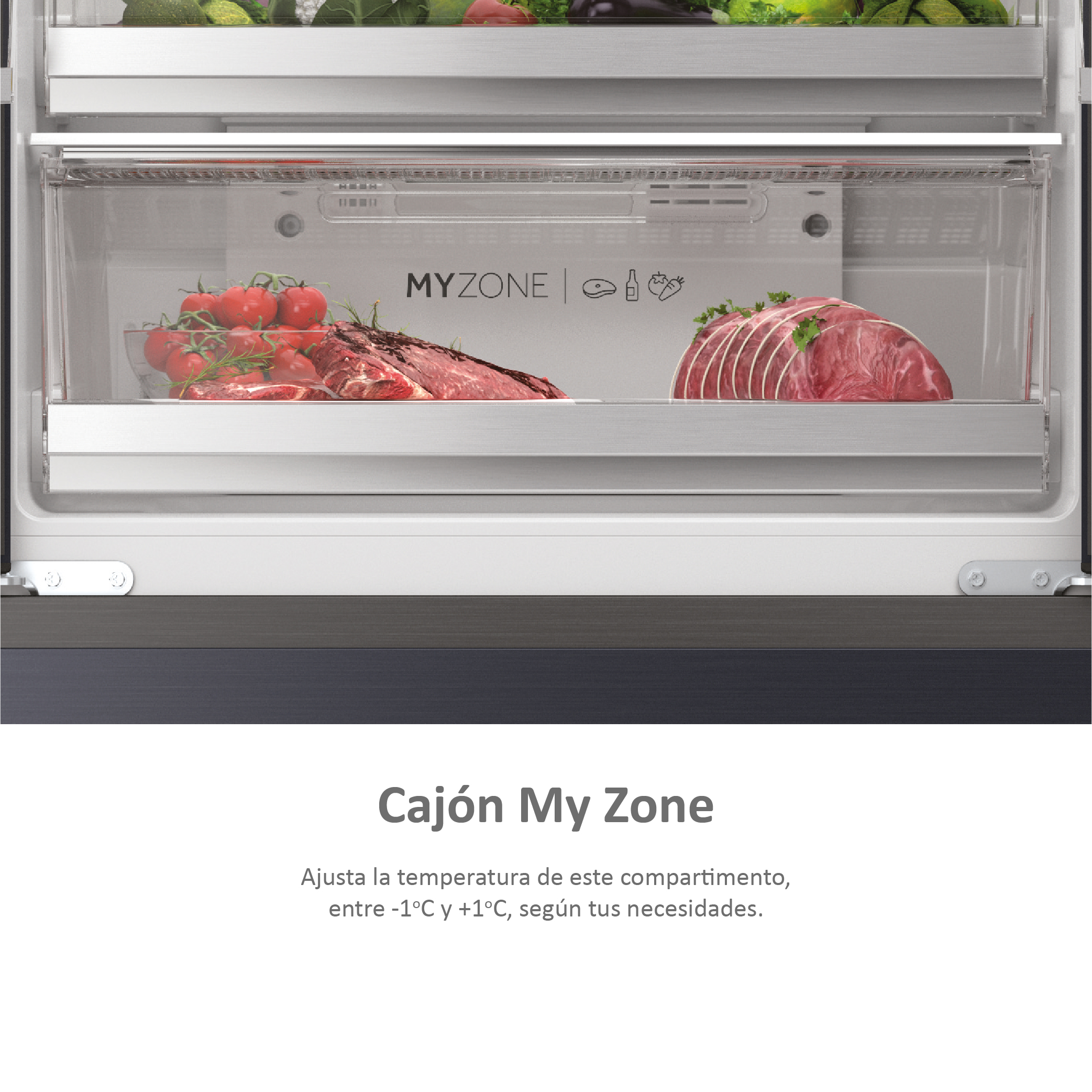 Cajón de nevera con tomates y carne. Texto: Cajón My Zone.