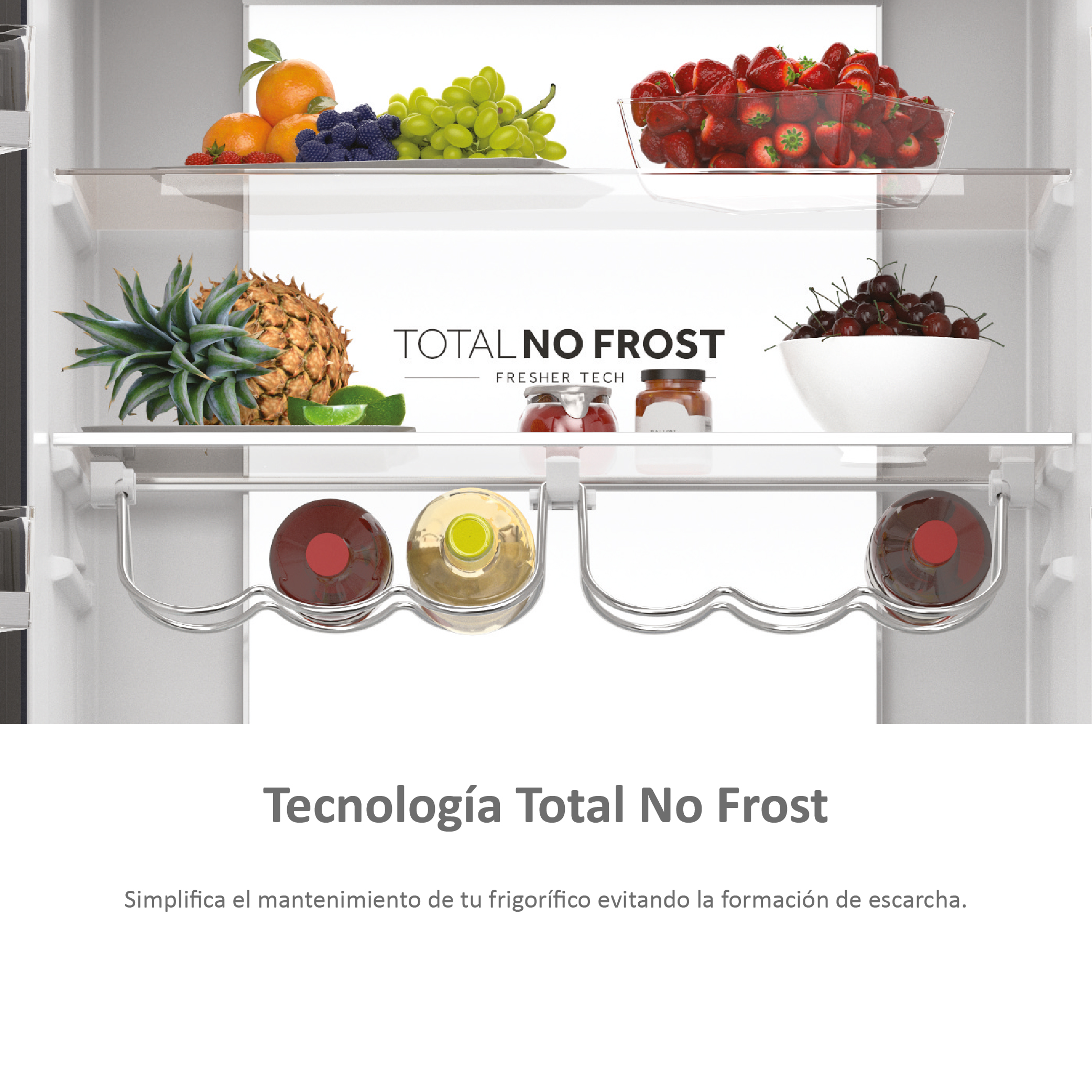 Interior de nevera con frutas en estantes, botellas y texto: Total No Frost.