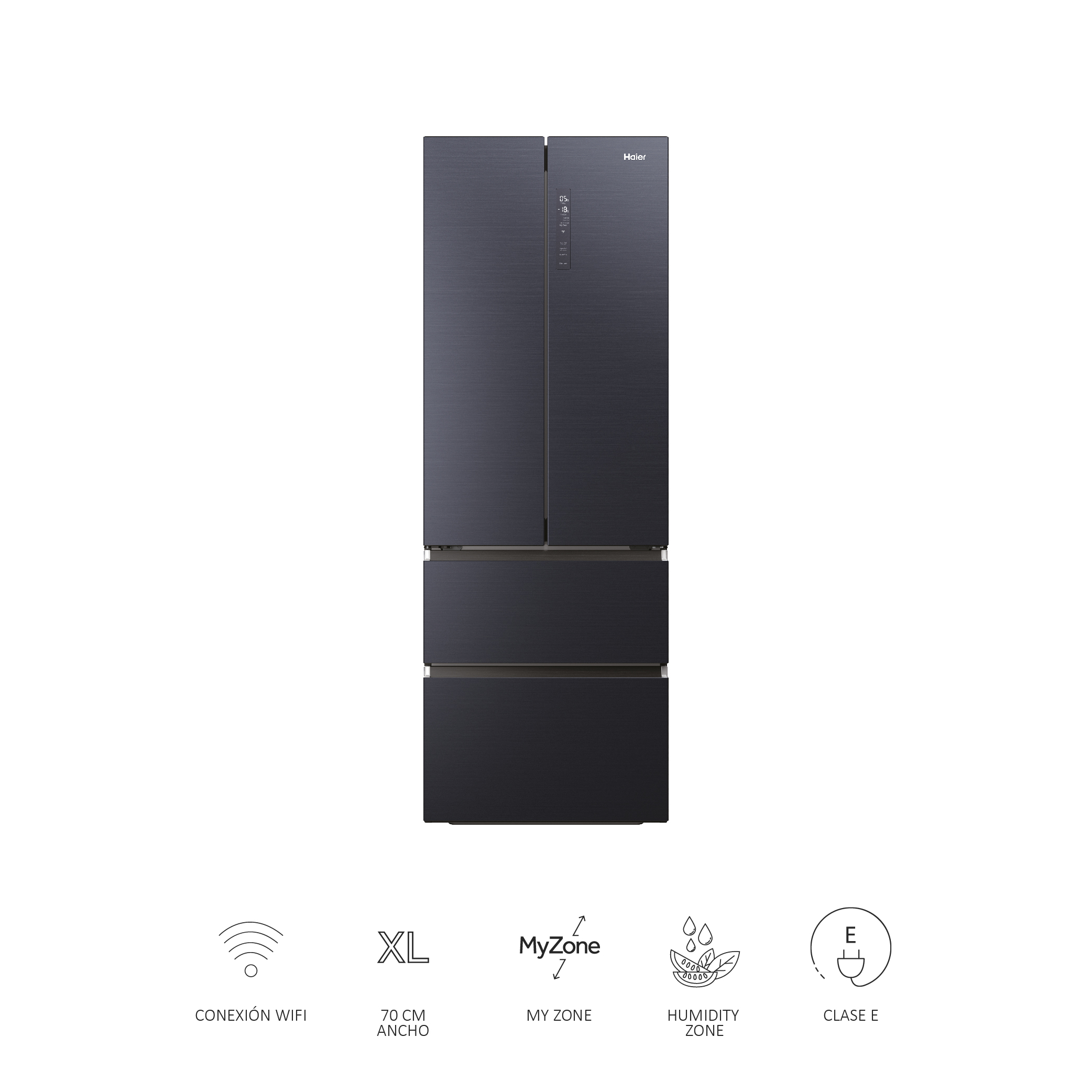 Refrigerador Haier negro con 3 puertas y un icono wifi. Fondo blanco.
