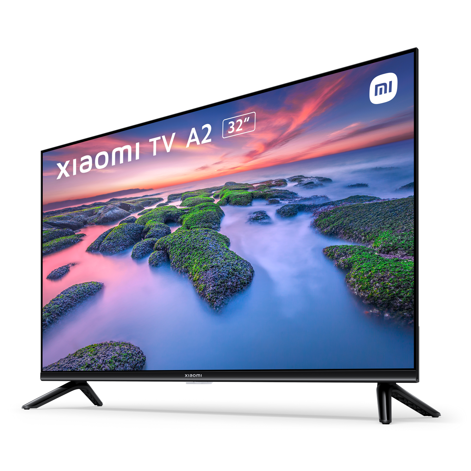 Xiaomi TV A2 32 pulgadas sobre patas. Muestra una escena de paisaje con agua y vegetación.