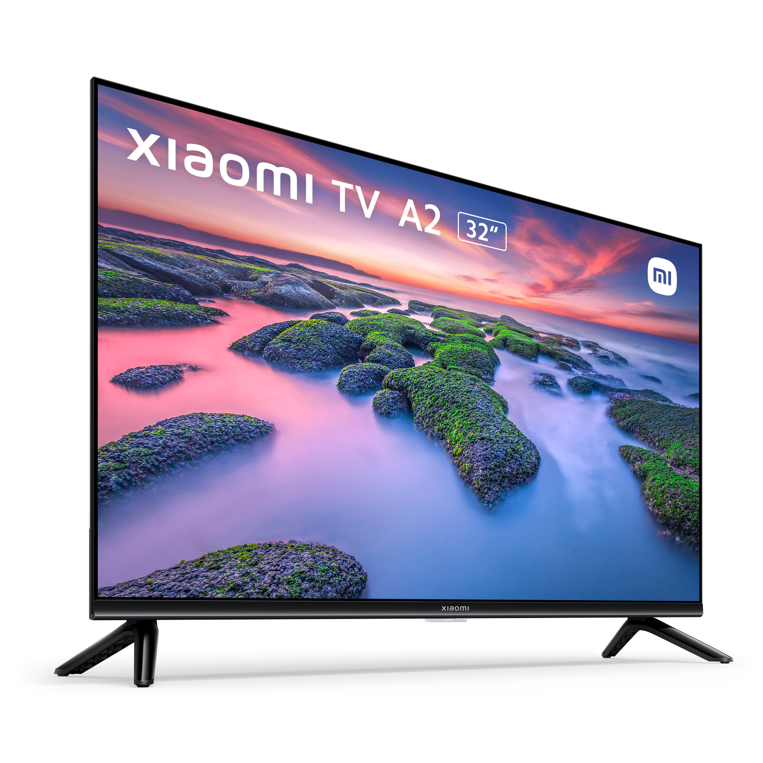 Un televisor Xiaomi TV A2 de 32 pulgadas. La pantalla muestra un paisaje escénico con un cielo colorido.