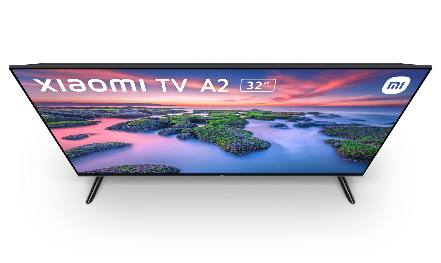 Vista superior de un televisor de pantalla plana negro, logo y texto en pantalla.