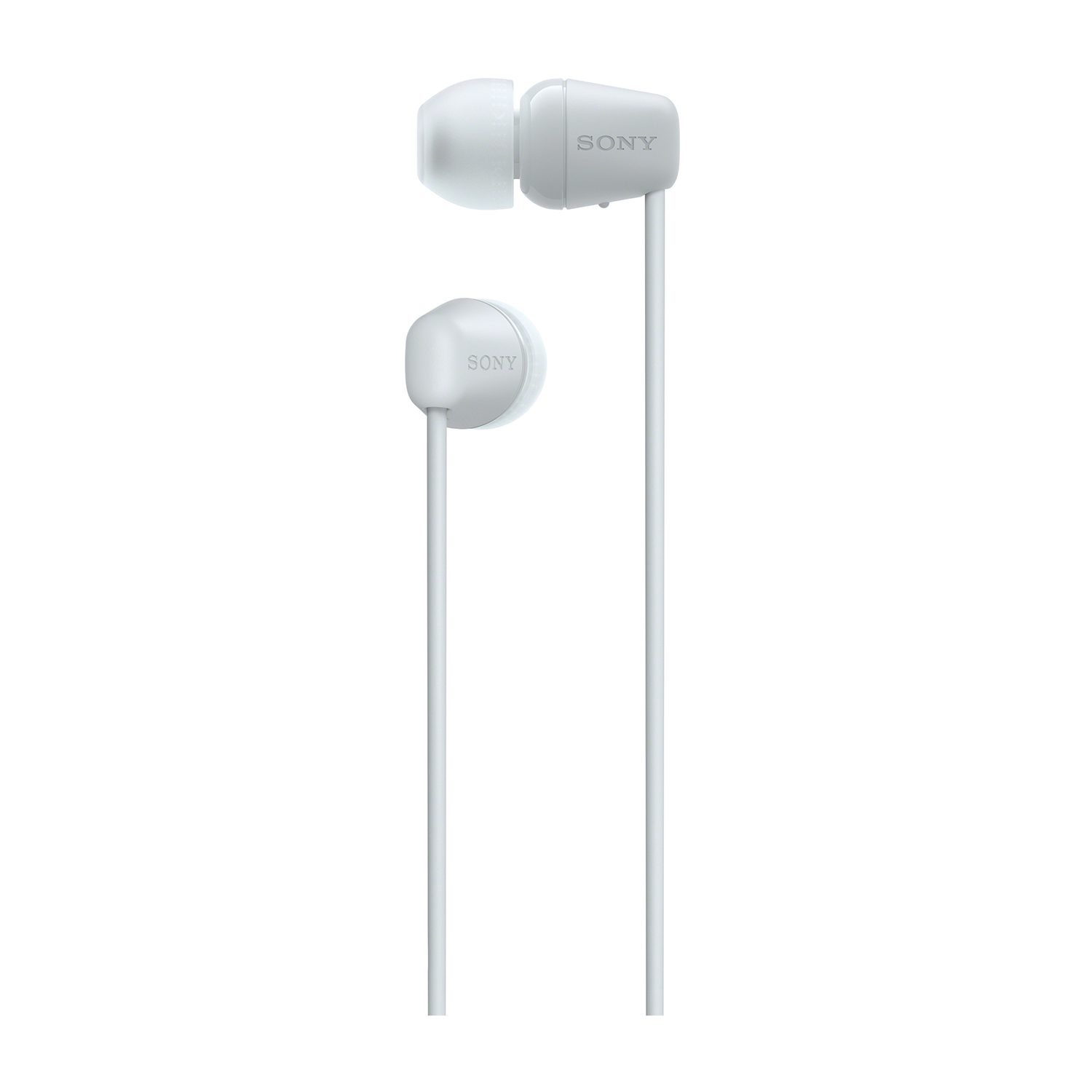 Auricolari Sony bianchi. Un auricolare è separato. Entrambi hanno il logo Sony.