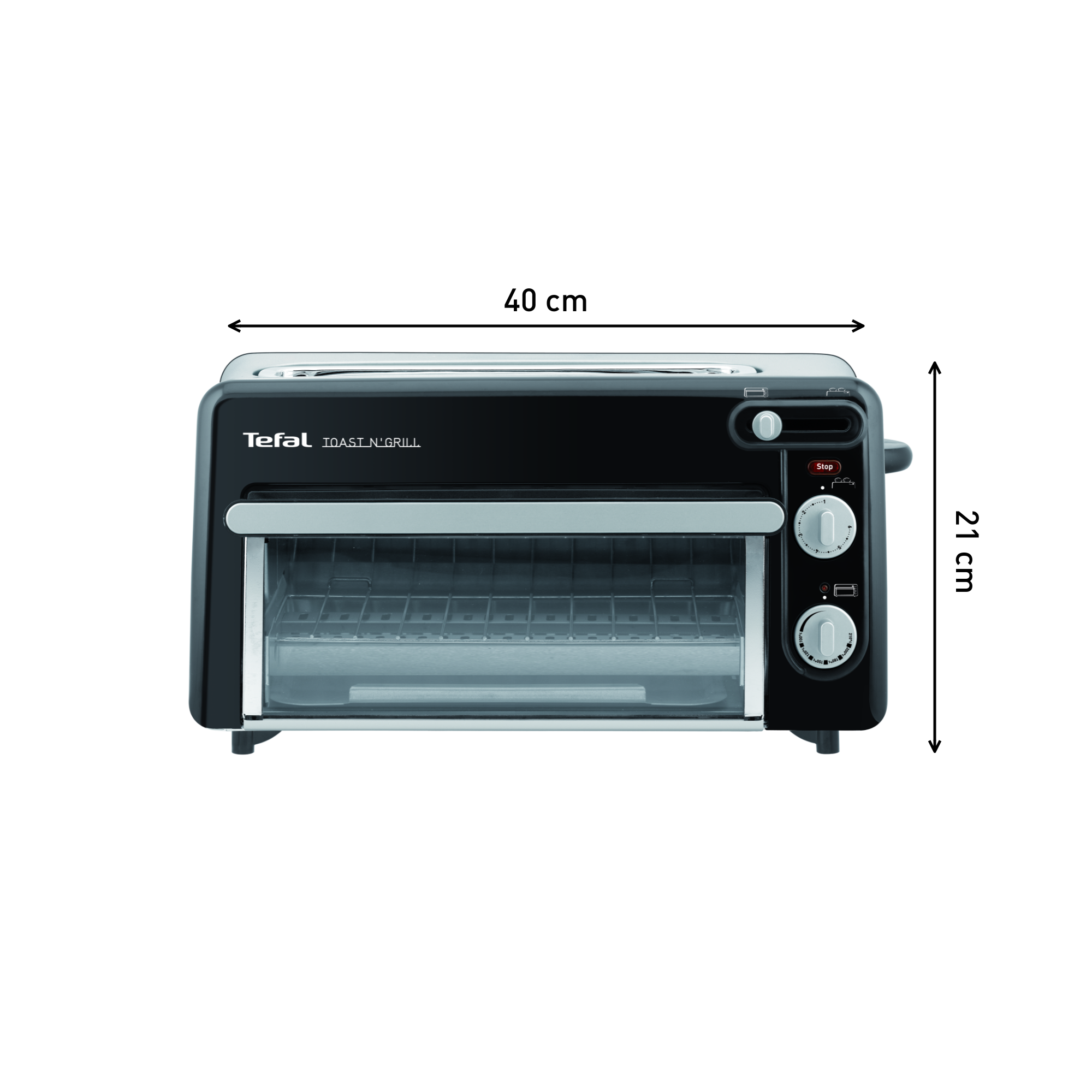 Horno tostador negro con dimensiones mostradas. La marca Tefal es visible.