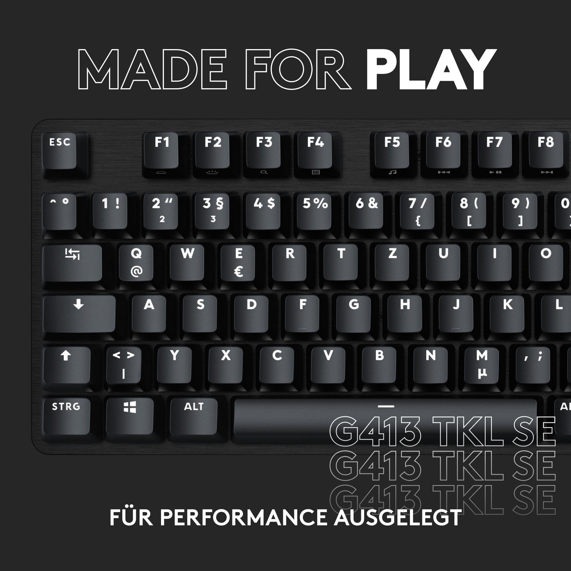 Nahaufnahme einer schwarzen Gaming-Tastatur mit weißen Buchstaben und dem Text G413 TKL SE.